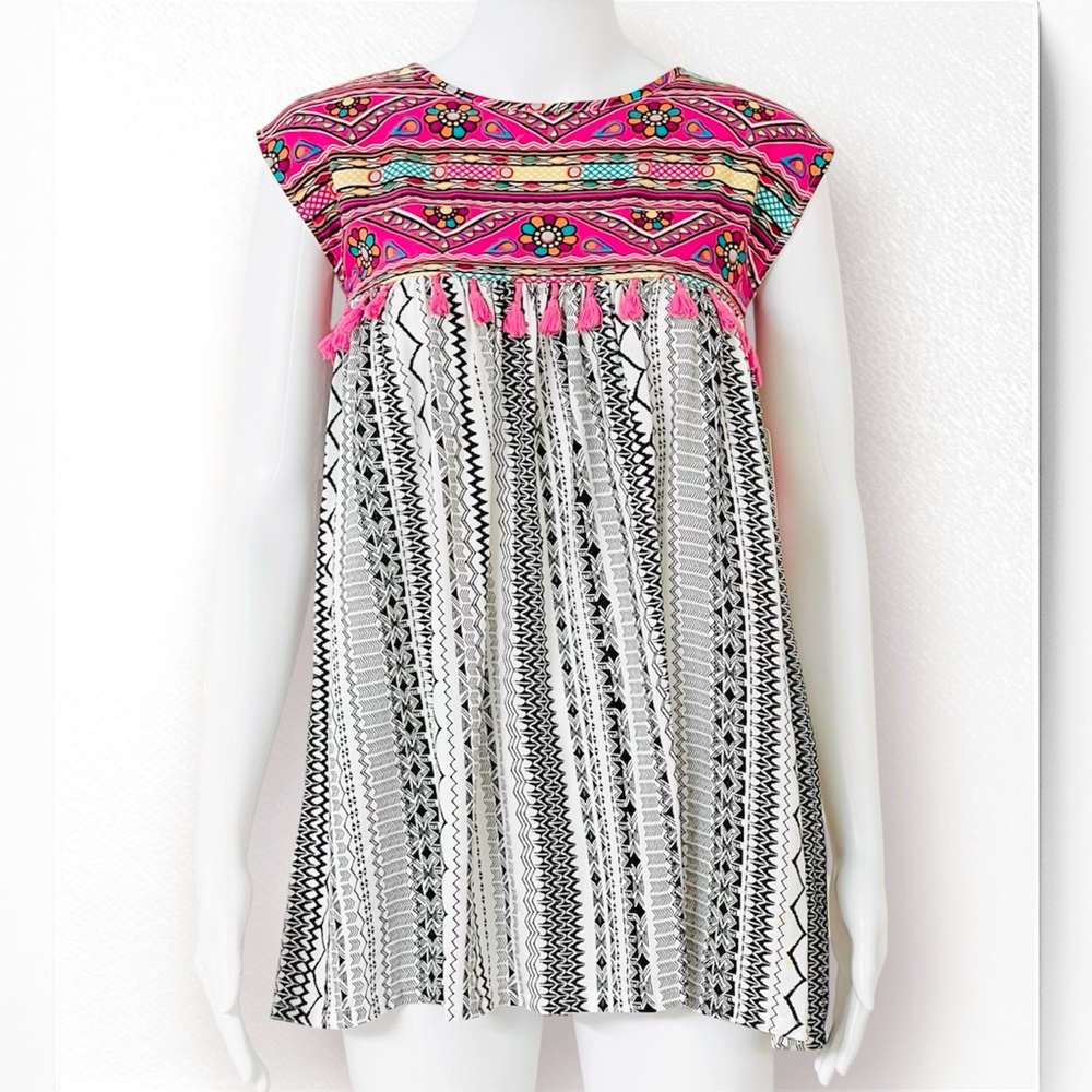 Fabkids Fringe Details Big Girl Large Top Sleeves Color-Block Keyhole Button